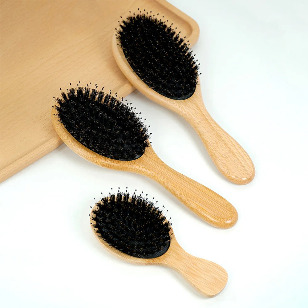 Eco-Friendly Bamboo & Boar Bristle Hair Brush - Portable, Anti-Static, Scalp-Detangling, Salon-Quality Styling Comb