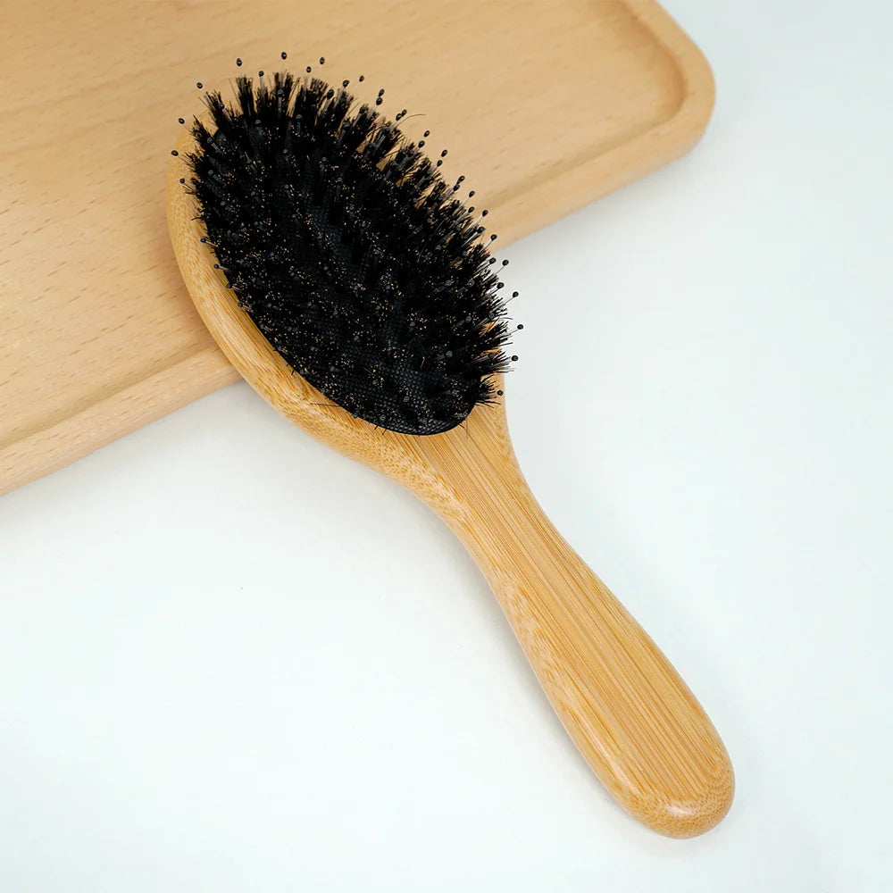 Eco-Friendly Bamboo & Boar Bristle Hair Brush - Portable, Anti-Static, Scalp-Detangling, Salon-Quality Styling Comb