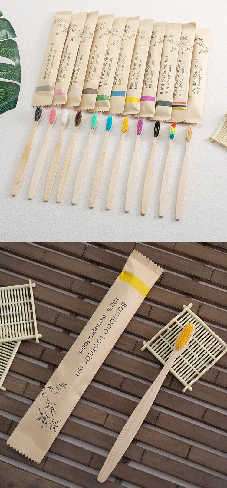 Eco-Friendly Bamboo Toothbrush Set - Single Cowhide Wrapped, 10 PCS