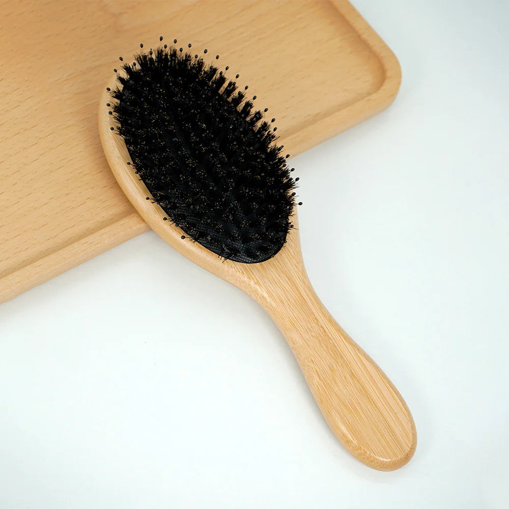 Eco-Friendly Bamboo & Boar Bristle Hair Brush - Portable, Anti-Static, Scalp-Detangling, Salon-Quality Styling Comb