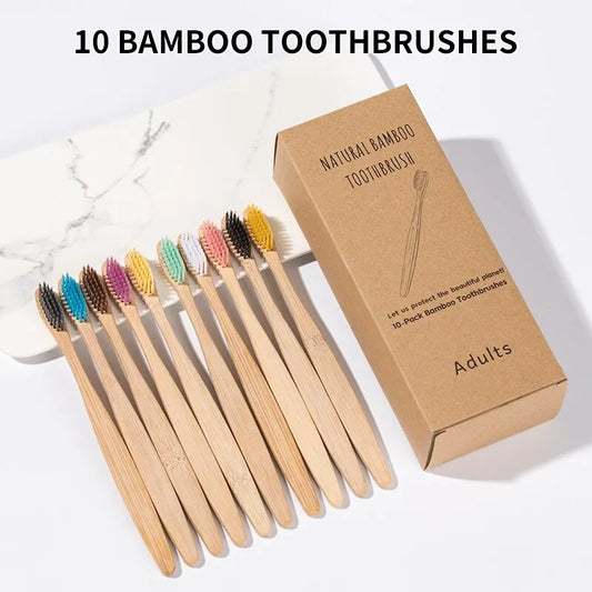 Eco-Friendly Bamboo Toothbrush Set - Single Cowhide Wrapped, 10 PCS