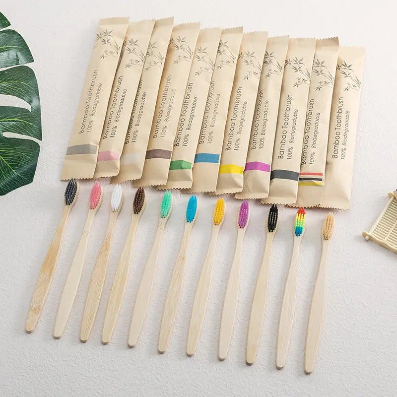 Eco-Friendly Bamboo Toothbrush Set - Single Cowhide Wrapped, 10 PCS
